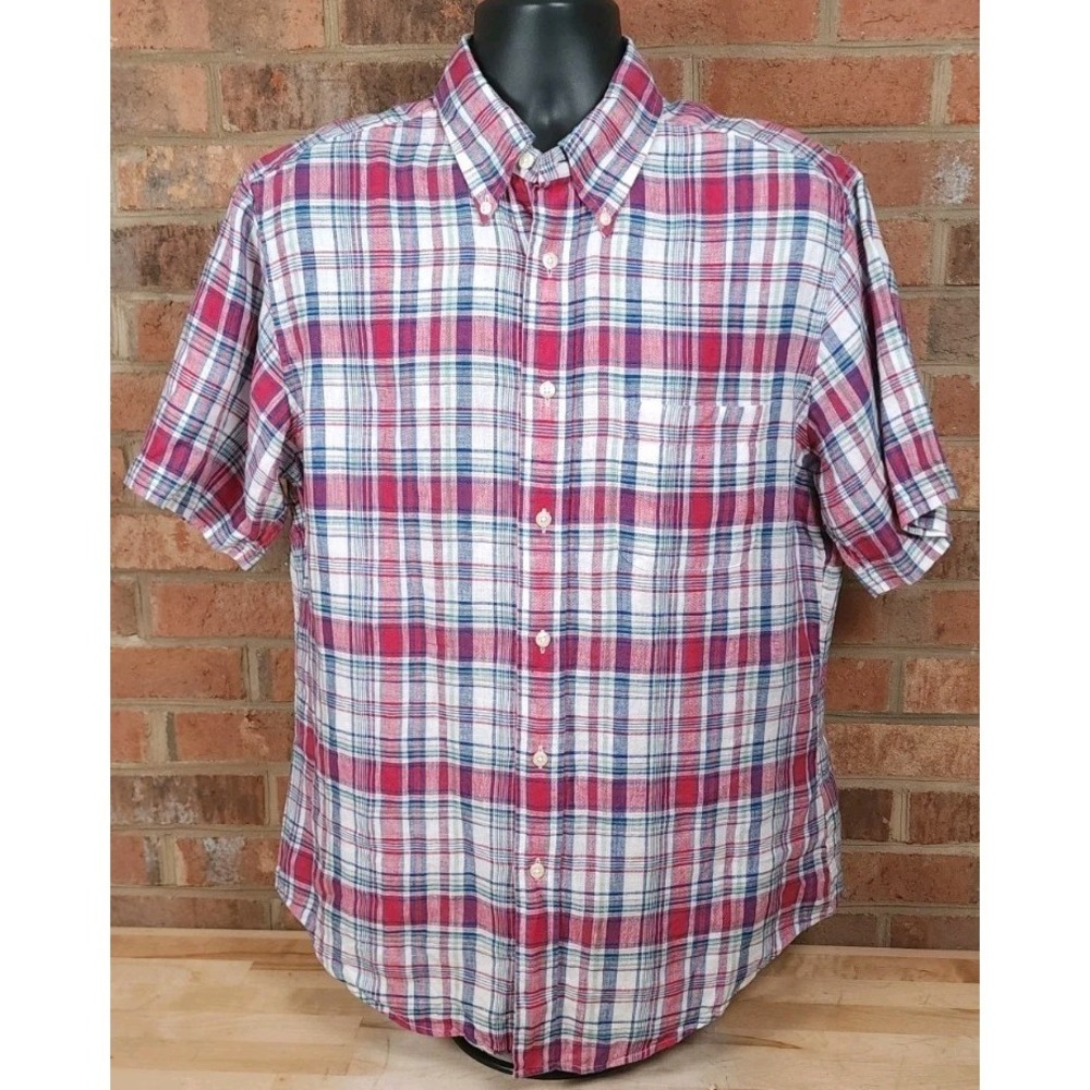 Brooks Brothers Regent 100% Linen Size Large Red Plaid Button Down Shirt Sleeve